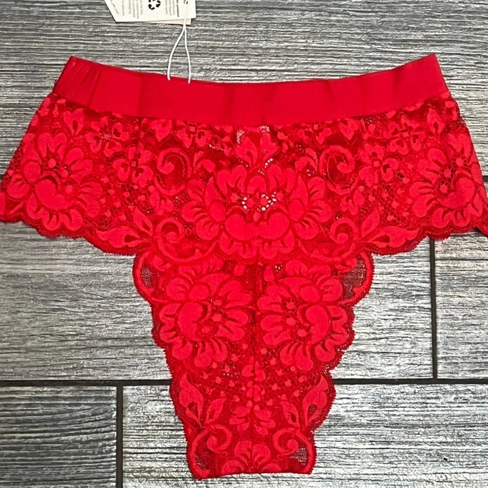 NWT $58 Free People X HAH Spin Me Panties XS Siren Red Lace X-Small High Rise